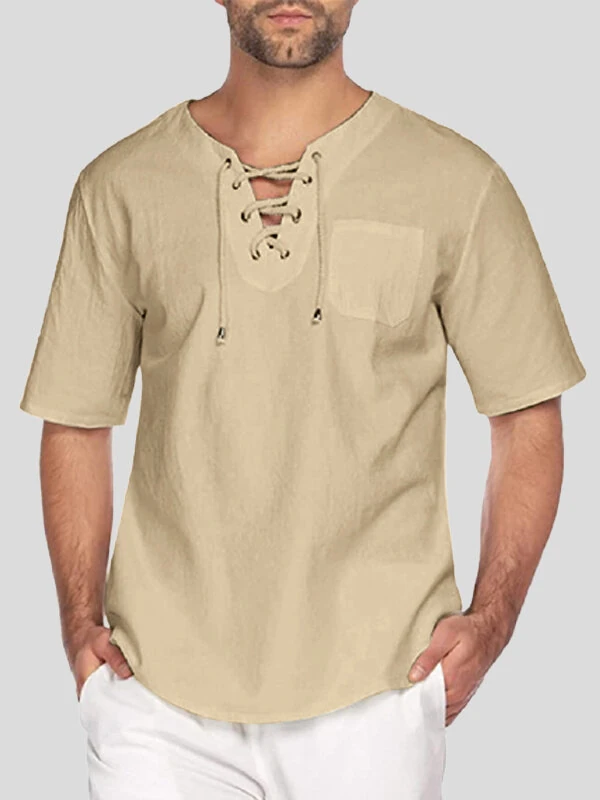 Mens Solid Drawstring V-Neck Cotton Short Sleeve T-Shirt — view 10