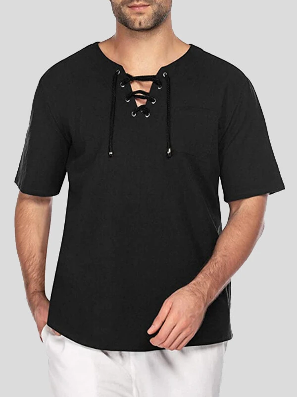 Mens Solid Drawstring V-Neck Cotton Short Sleeve T-Shirt — view 2