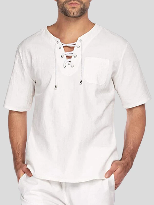 Mens Solid Drawstring V-Neck Cotton Short Sleeve T-Shirt — view 3