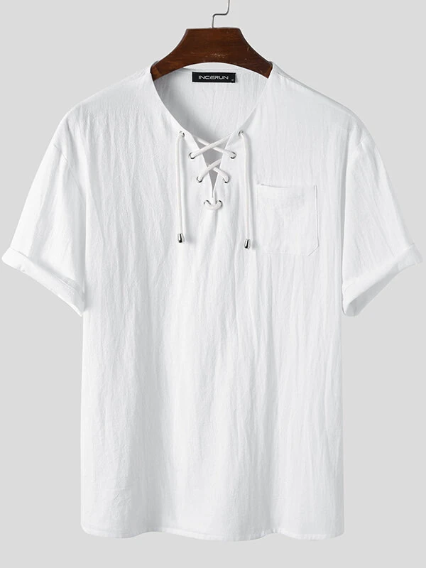 Mens Solid Drawstring V-Neck Cotton Short Sleeve T-Shirt — view 4