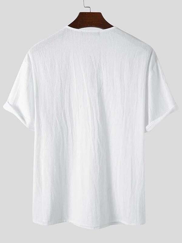 Mens Solid Drawstring V-Neck Cotton Short Sleeve T-Shirt — view 5