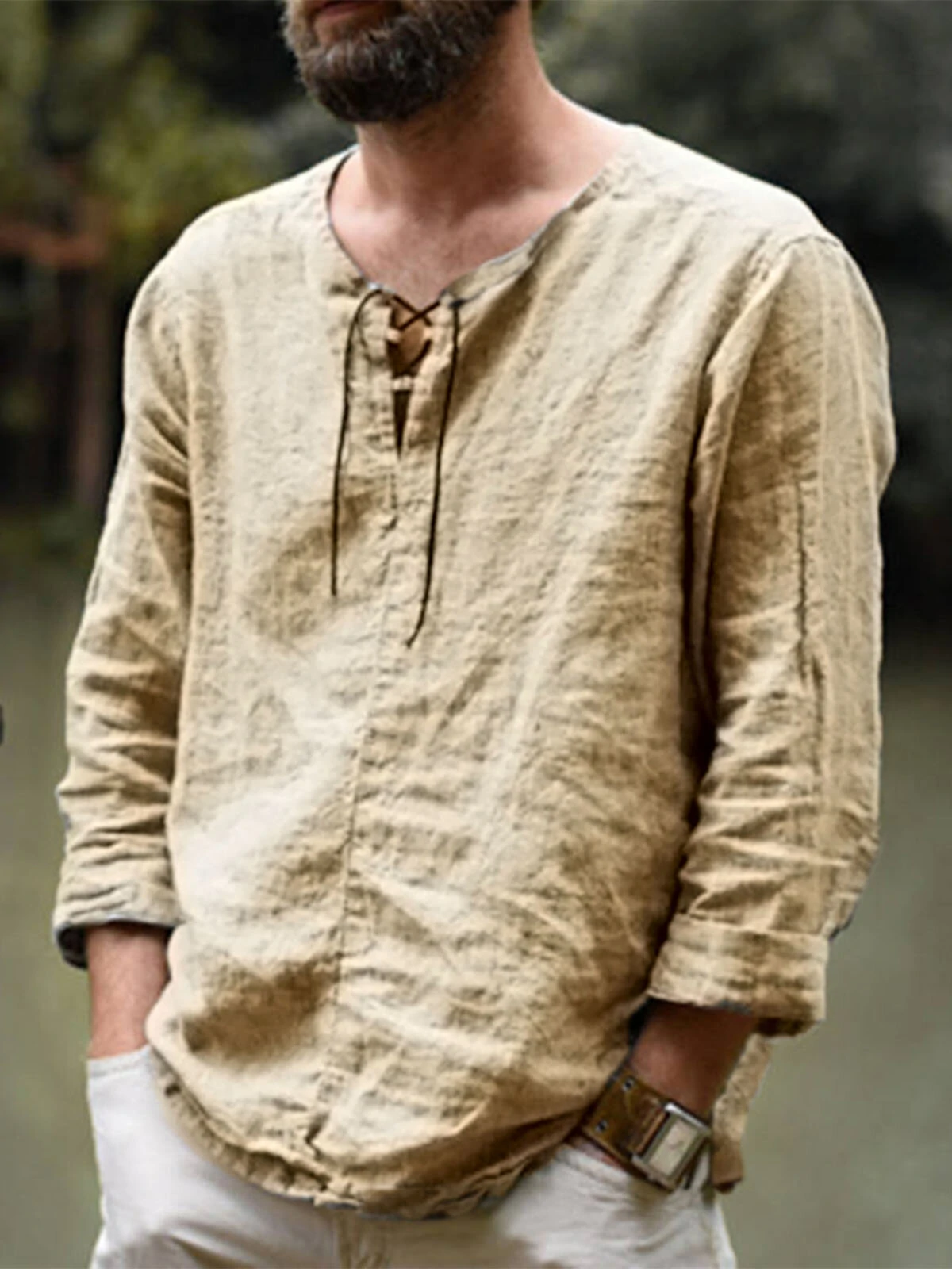 Mens Solid Lace-Up Neck 100%Cotton Long Sleeve T-Shirt — INCERUN