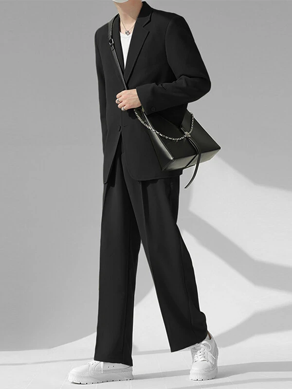 Mens Solid Lapel Blazer Casual Two Pieces Outfits — view 2