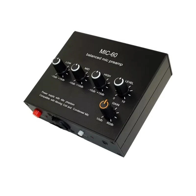 MIC-60 Balanced Mic Preamplifier Condenser Moving Coil Microphone Amplifier 48V Phantom Power 60dB Gain Low Cut Three Band Equalizer with USB and XLR Cable — image 1