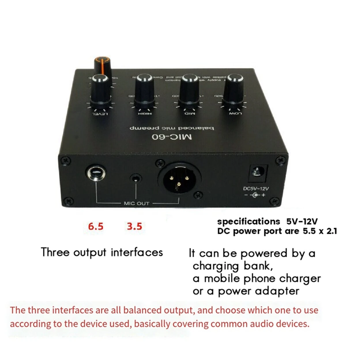 MIC-60 Balanced Mic Preamplifier Condenser Moving Coil Microphone Amplifier 48V Phantom Power 60dB Gain Low Cut Three Band Equalizer with USB and XLR Cable — view 3