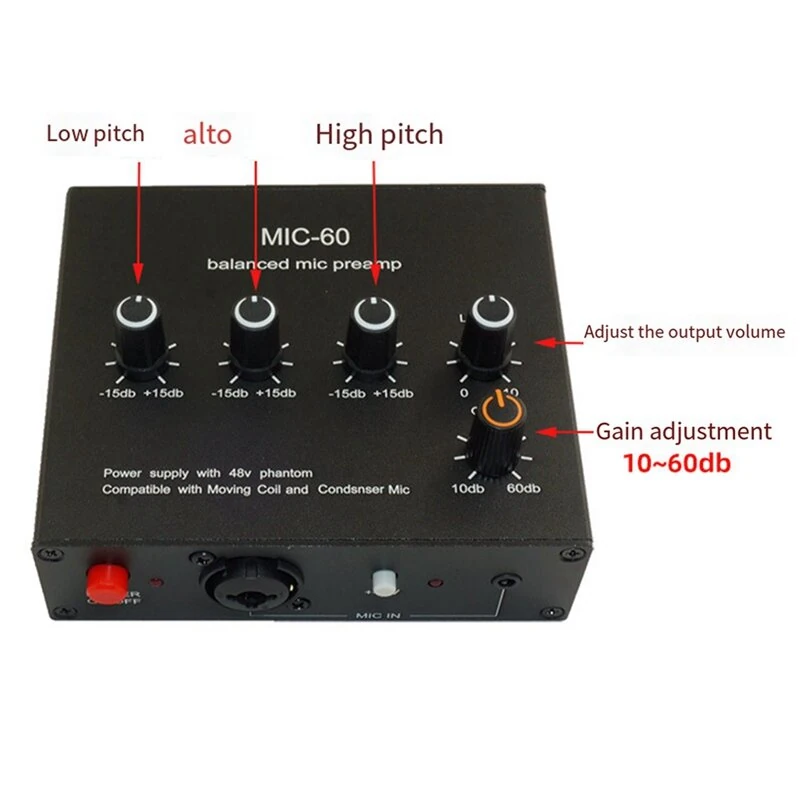 MIC-60 Balanced Mic Preamplifier Condenser Moving Coil Microphone Amplifier 48V Phantom Power 60dB Gain Low Cut Three Band Equalizer with USB and XLR Cable — view 4