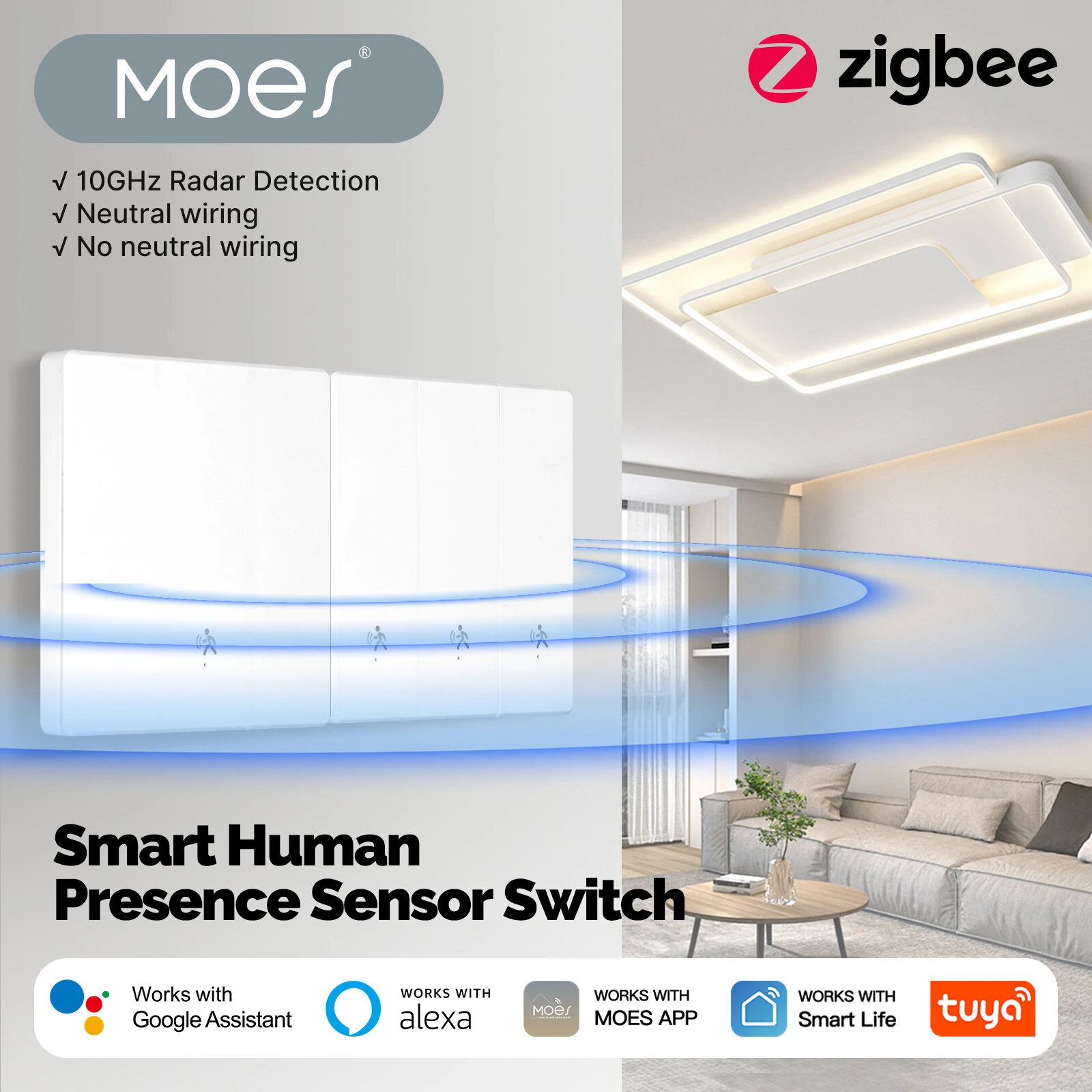 MOES SVL01-Z Tuya Zigbe Smart Human Presence Switch 10GHz mmWave Radar Detection Timing Function Wall Light Voice Control with Alexa Google Home — view 2