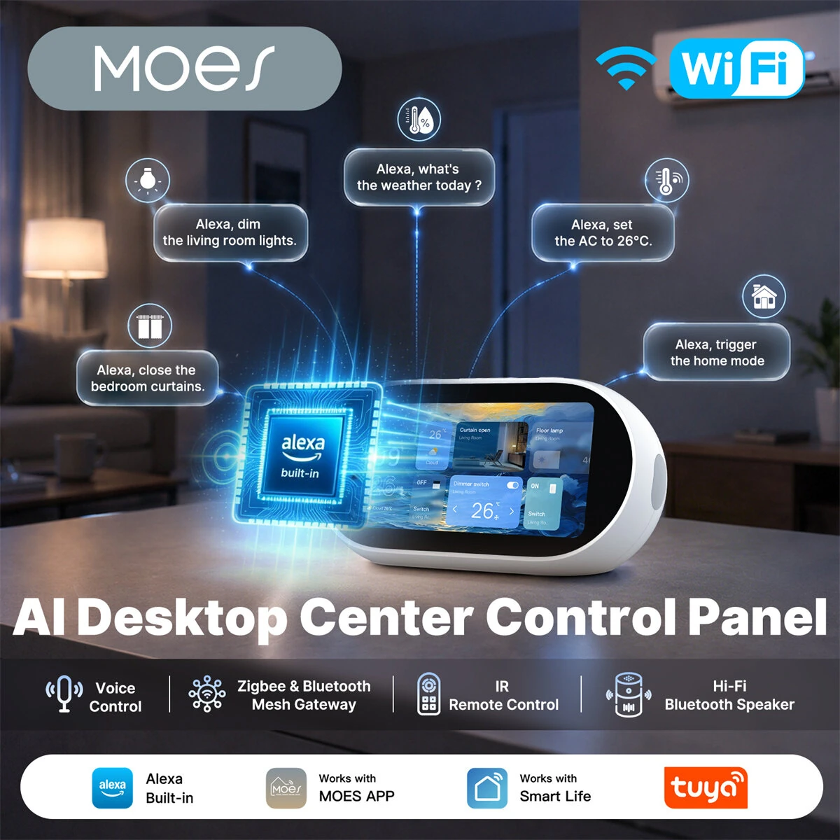 MOES TPL05-T1 5-inch Smart Home WiFi Center Control Panel AI IR Remote Zigbe Gateway bluetooth Mesh Built-in Alexa Speaker Touch Screen Security Hub Universal Controller — view 2