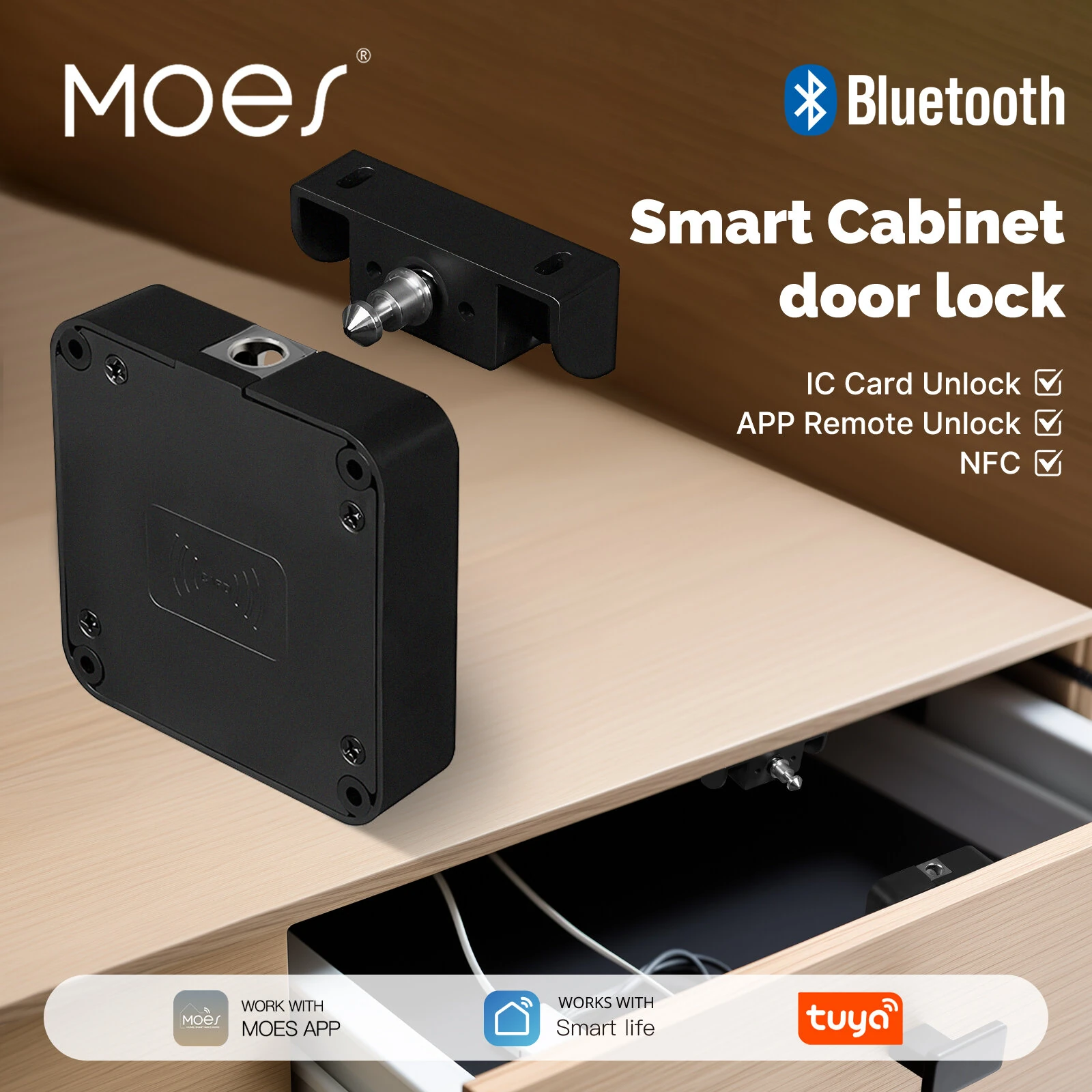 MOES Tuya bluetooth Smart Cabinet Lock App Remote Control IC Card Keyless Entry Unlock Door Locker 250 Users Auto Lock Smart Home Security for Wood Glass Furniture Drawer — view 3