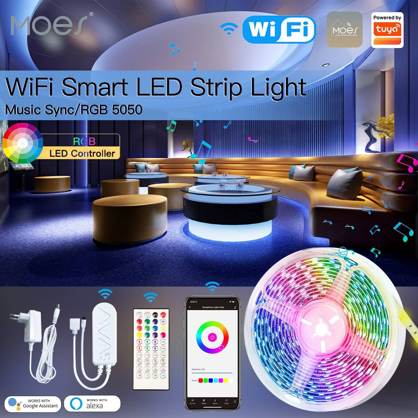 MOES Tuya WiFi Smart LED Strip Light RGB5050 16 Million Colors Music Sync Dimmable Timer Function Voice Control with Alexa Google Assistant — view 2