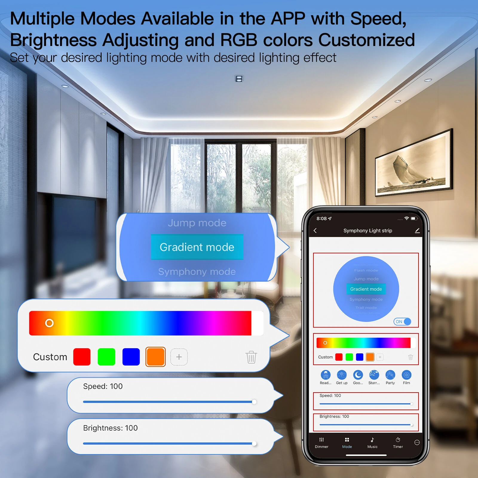 MOES Tuya WiFi Smart LED Strip Light RGB5050 16 Million Colors Music Sync Dimmable Timer Function Voice Control with Alexa Google Assistant — view 5