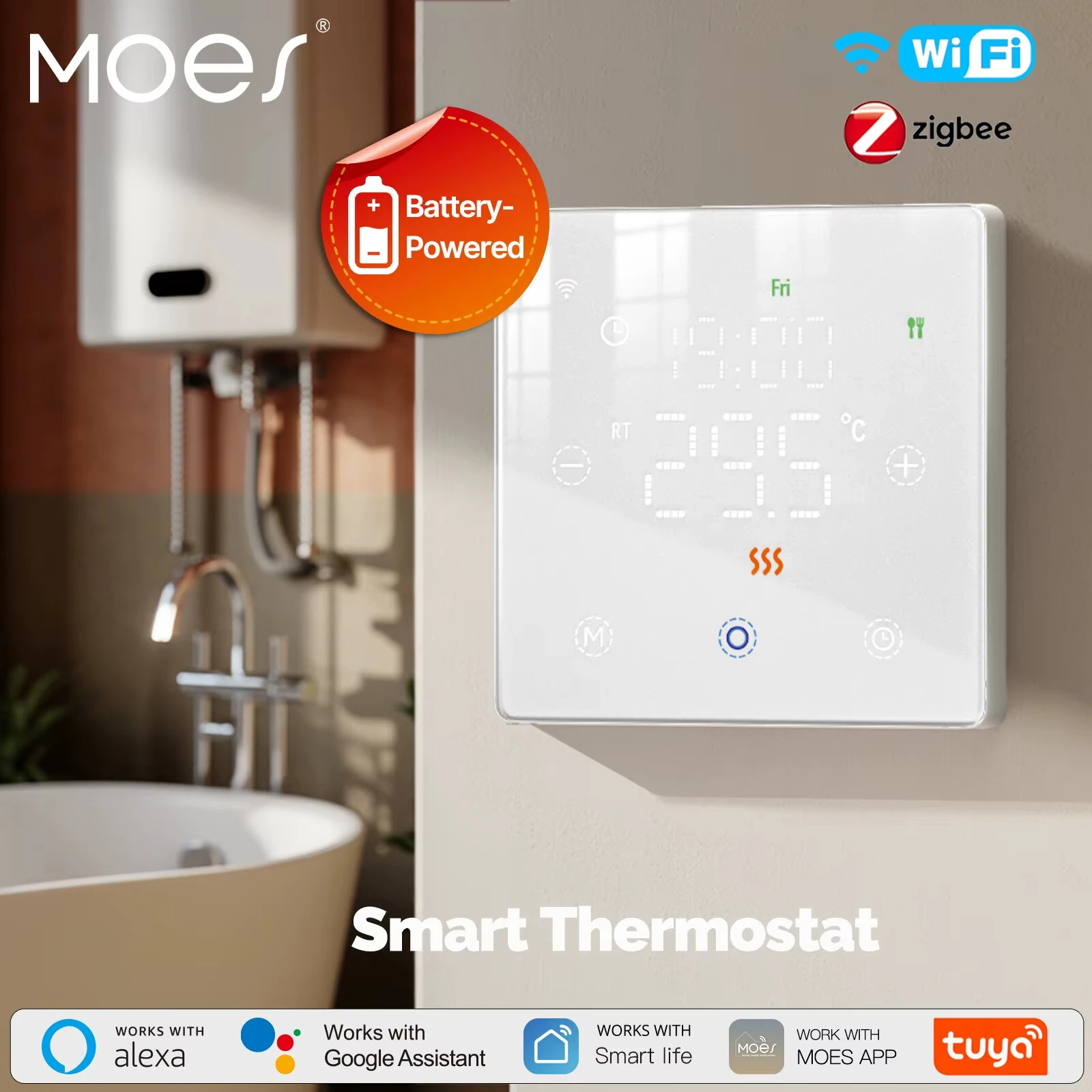 MOES Tuya WiFi/ZigBe Smart Thermostat Battery-Powered Thermoregulator Gas Boiler Temperature Controller by Alexa Google Home — view 3