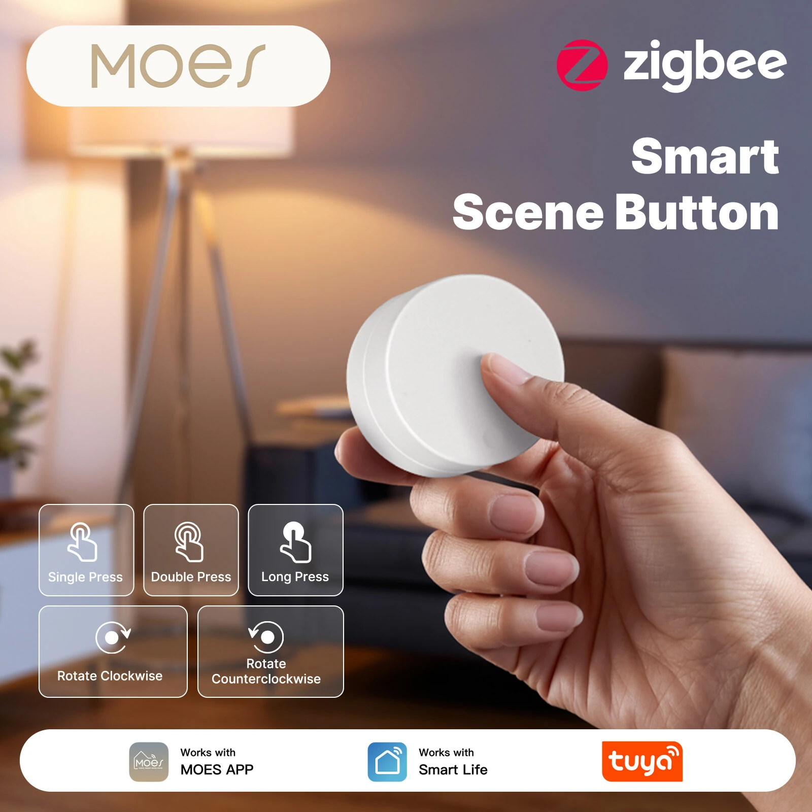 MOES Tuya Zigbe Smart Scene Switch Rotary Button Wireless Remote Control Light RGB Dimmable Adjustable 5 Actions Home Scenarios — view 2