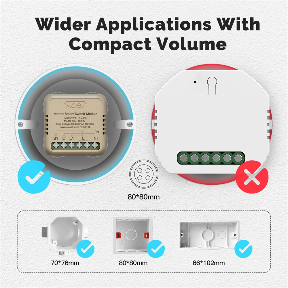 MoesHouse WM-104-M Tuya WiFi Matter Mini Smart Switch Module Relay Timer Home Automation App Remote Control Work with Alexa Google Assistant — view 3