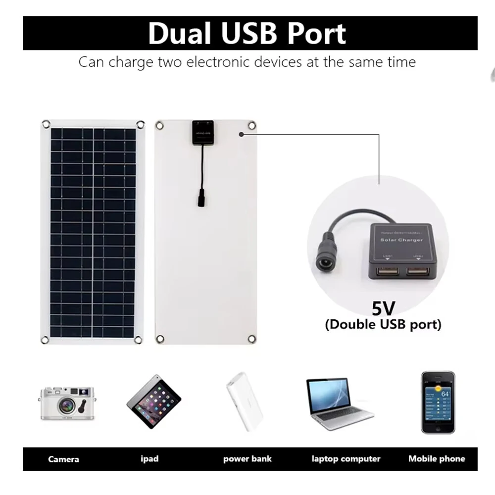 Monocrystalline Flexible Solar Panel Kit 30W 18V 12V 5V Dual USB 19.1% Conversion With 100A Controller Portable Outdoor Charger — view 4