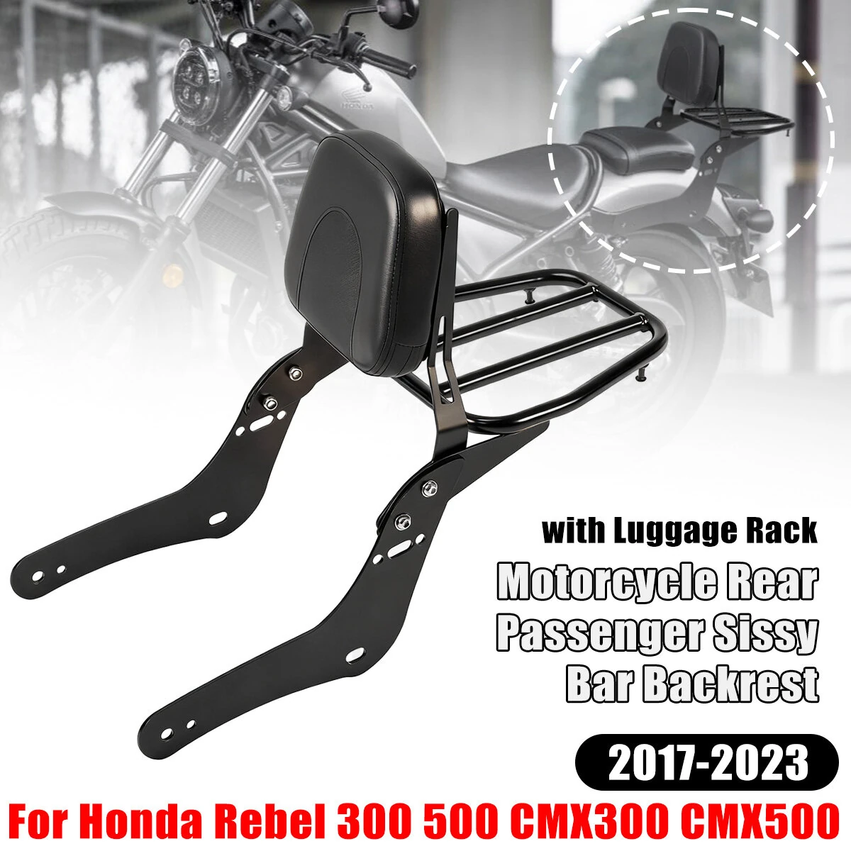 Motorcycle Detachable Rear Passenger Sissy Bar Backrest With Luggage Rack For Honda Rebel 300 500 CMX300 CMX500 2017-2023 — image 1