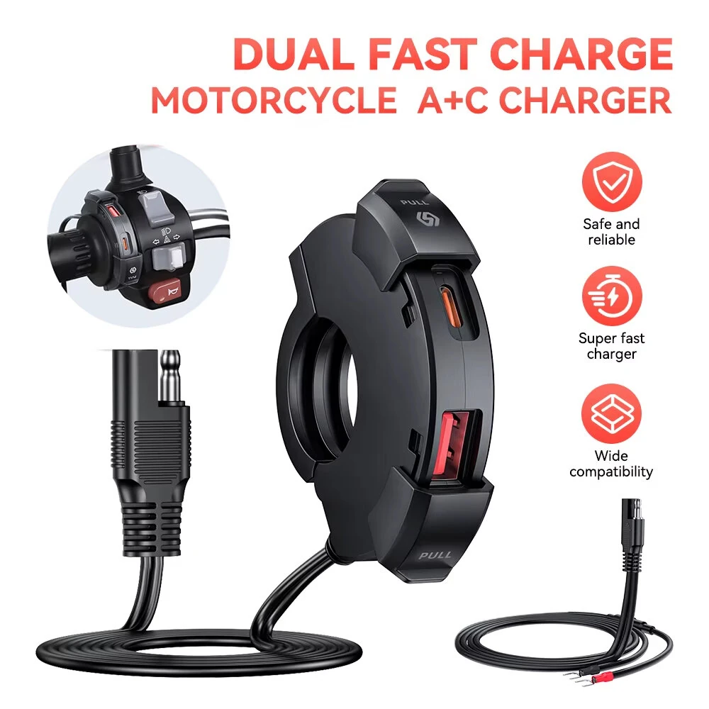 Motorcycle USB Charger 30W Type-C PD 18W USB-A Quick Charge 3.0 Waterproof IP65 Nylon Material Handlebar Mount DC 12V-24V — view 2