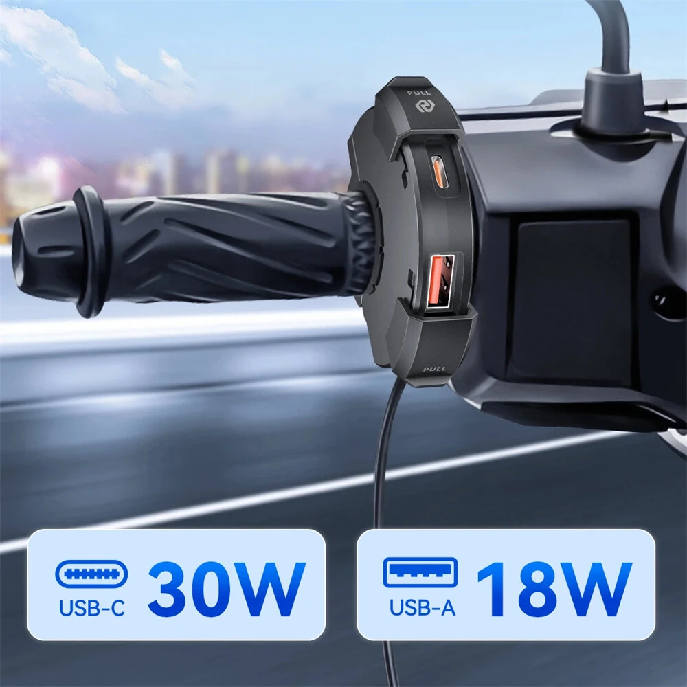Motorcycle USB Charger 30W Type-C PD 18W USB-A Quick Charge 3.0 Waterproof IP65 Nylon Material Handlebar Mount DC 12V-24V — view 3