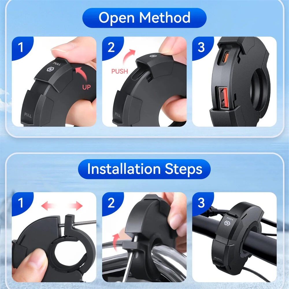 Motorcycle USB Charger 30W Type-C PD 18W USB-A Quick Charge 3.0 Waterproof IP65 Nylon Material Handlebar Mount DC 12V-24V — view 6