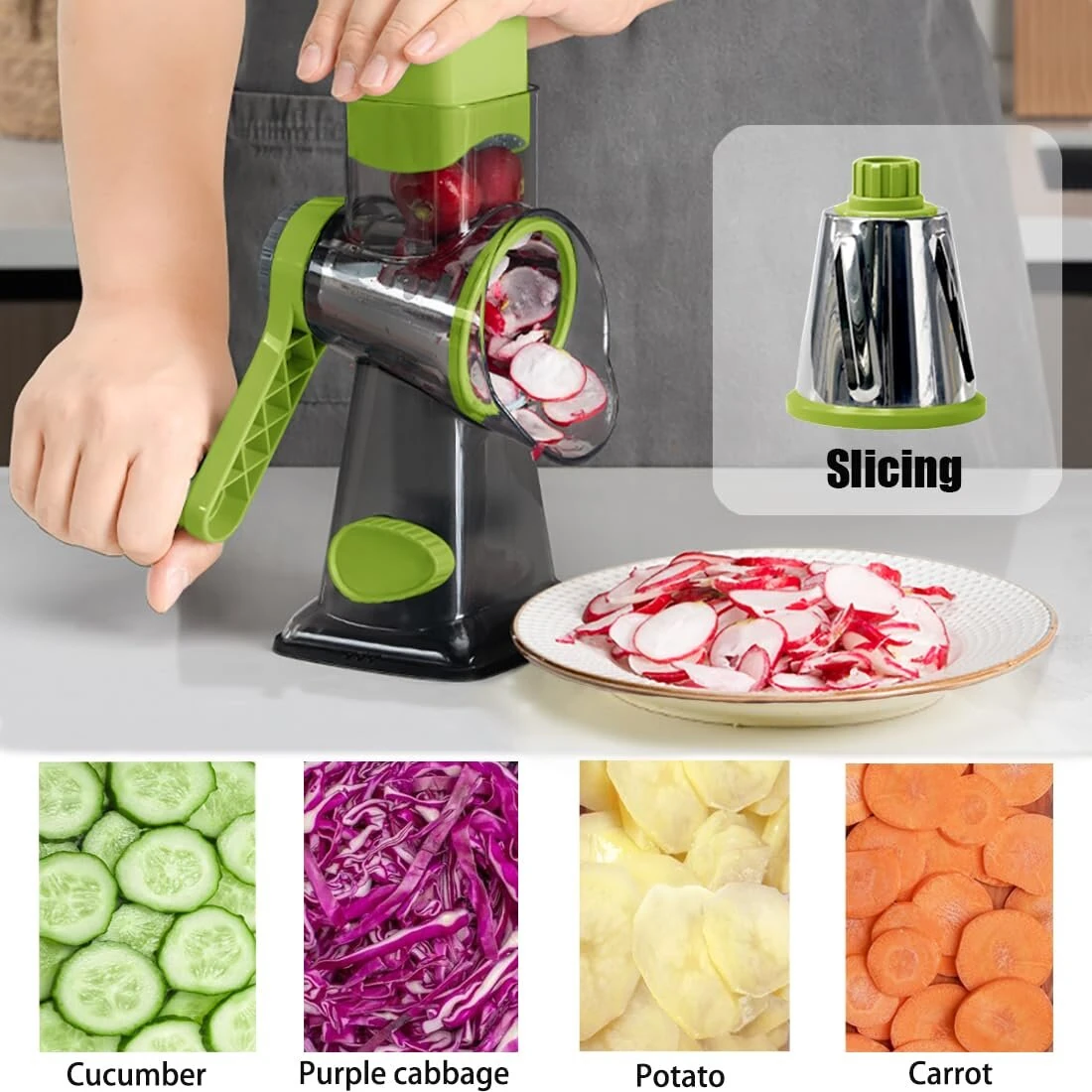 Multi-functional Hand Crank Rotary Slicer Vegetable Cutter Handheld Rotary Cheese Grater Cutter Round Mandoline with Handle Vegetable Slicer Carrot Cutter Nut Grinder — view 3