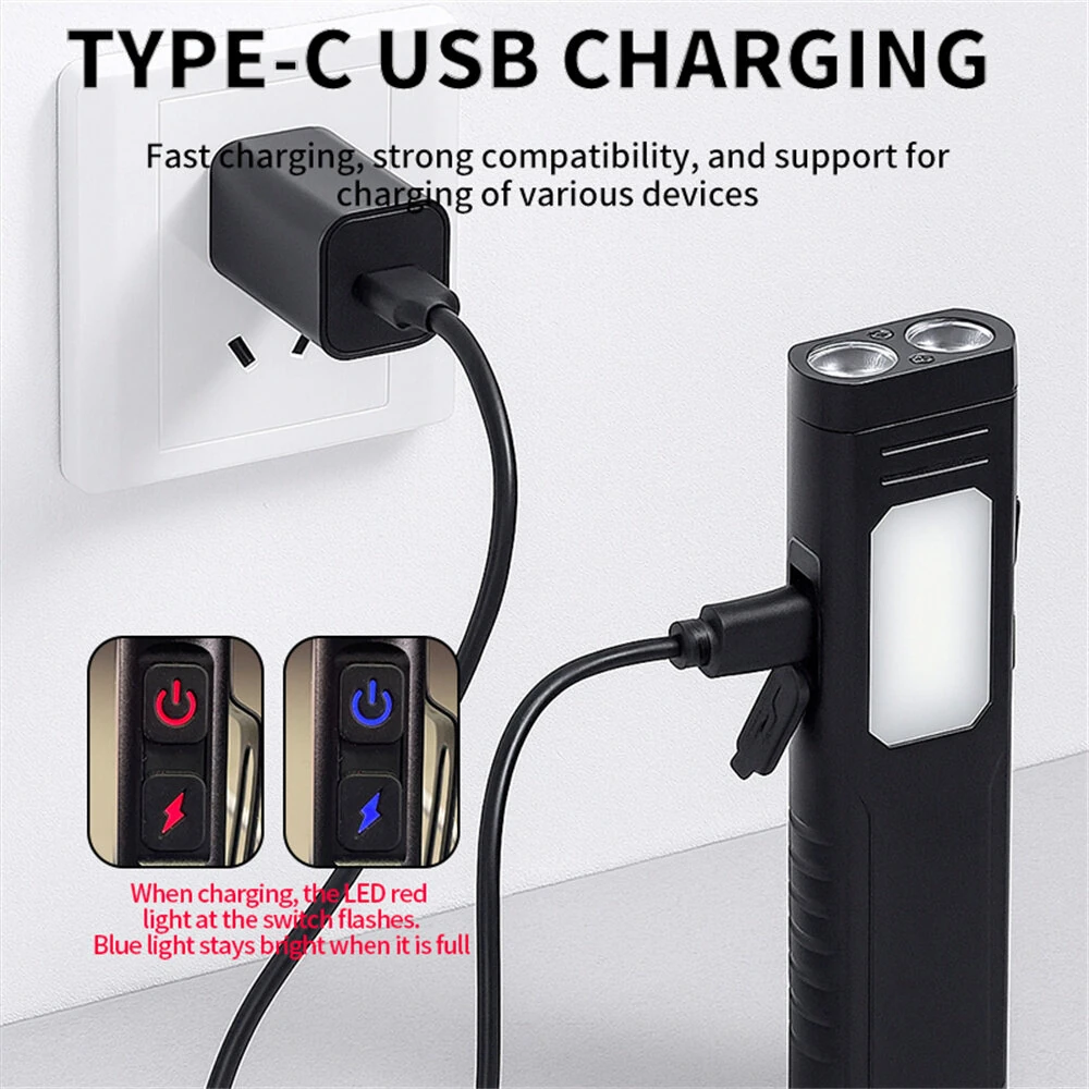 Multi-Functional USB Rechargeable Work Light with Pen Clip and Buzzer Strong Magnetic COB Aluminum Flashlight Camping Tent Lamp — view 7