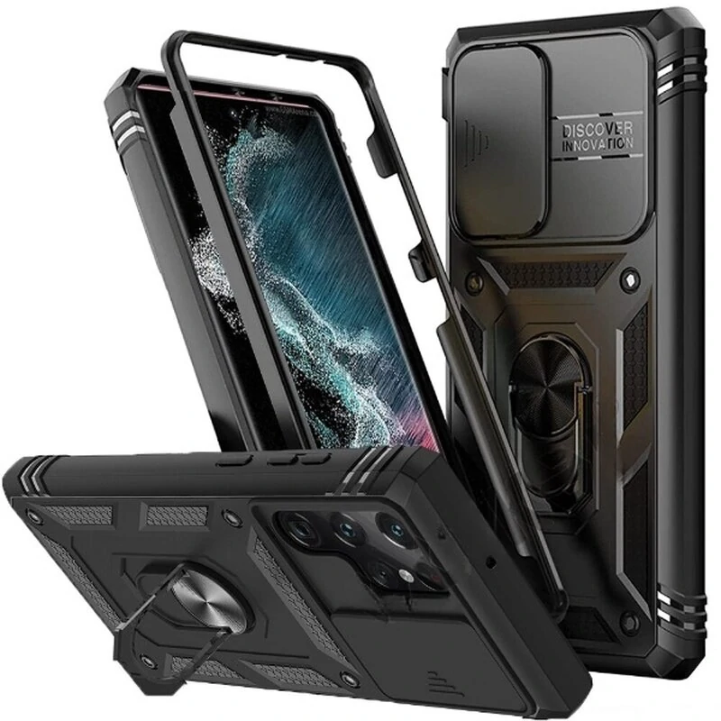 Multi-layers Shockproof Mobile Phone Case with Metal Patch Ring Holder Hard PC+TPU Protective Case for Samsung Galaxy S23 Ultra — Multi-layers