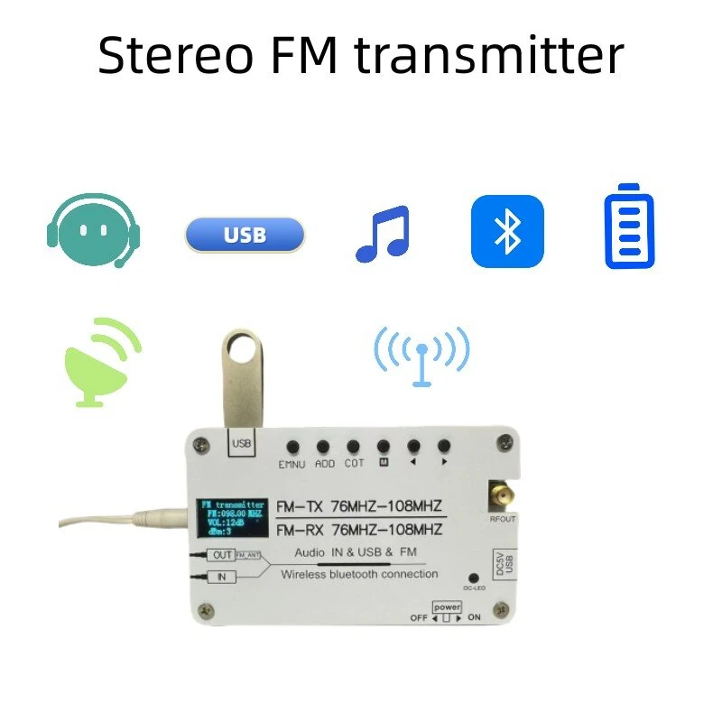 Multifunction Stereo FM Transmitter 76MHz-108MHz Frequency Range Bluetooth Audio Receiver Lithium Battery AUX USB Input Long Range FM Transmission — view 2