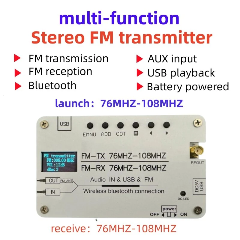 Multifunction Stereo FM Transmitter 76MHz-108MHz Frequency Range Bluetooth Audio Receiver Lithium Battery AUX USB Input Long Range FM Transmission — view 3