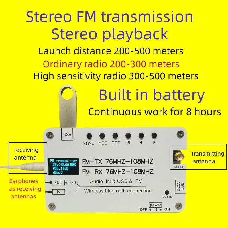 Multifunction Stereo FM Transmitter 76MHz-108MHz Frequency Range Bluetooth Audio Receiver Lithium Battery AUX USB Input Long Range FM Transmission — view 6