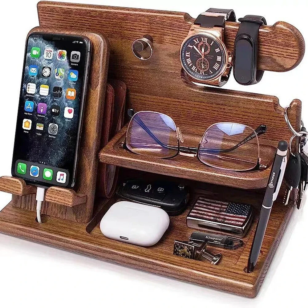 Multifunctional Desktop Charging Mobile Phone Holder Wooden Phone Storage Stand Key Holder Wallet Stand Watch Organizer — Pricio