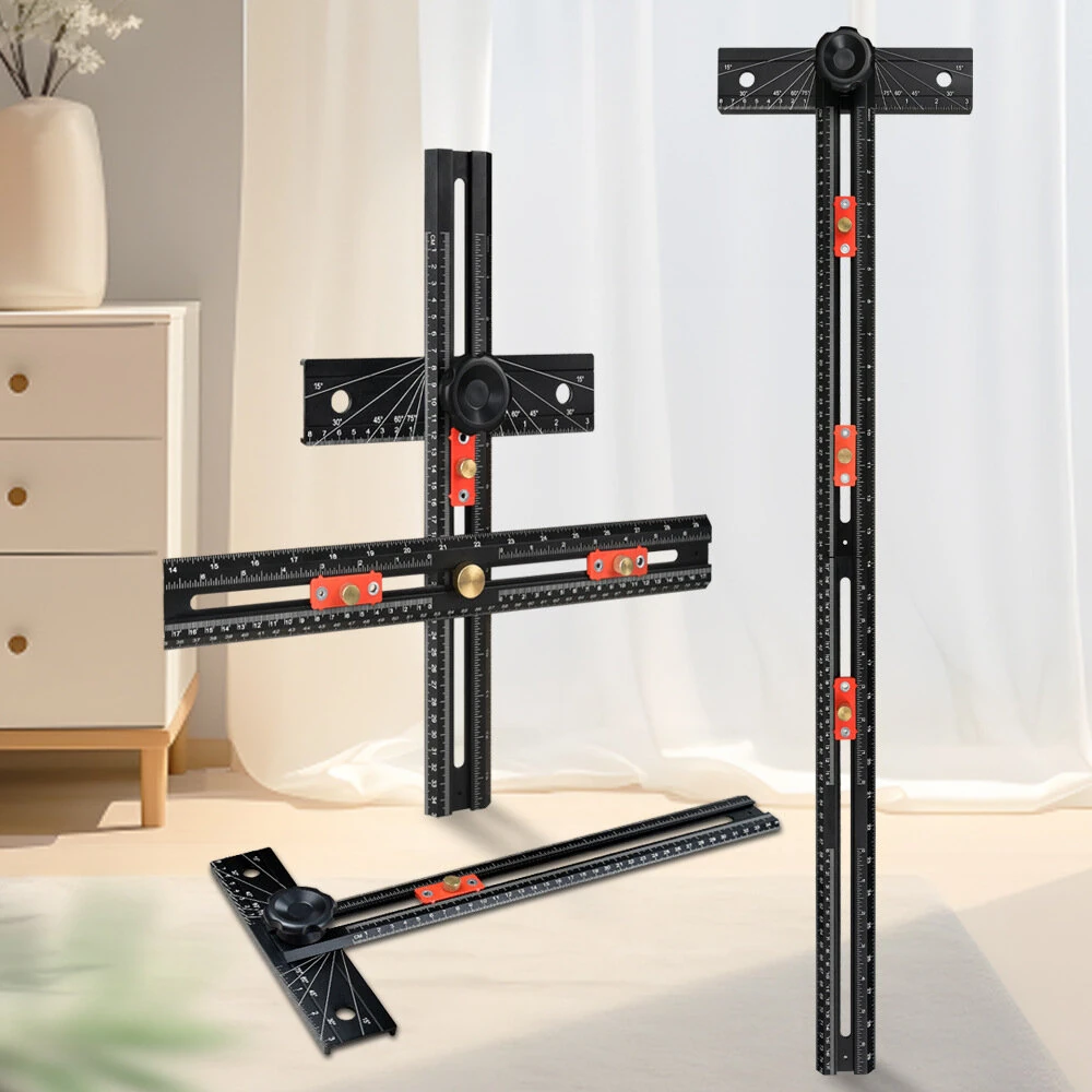 Multifunctional Drilling Positioning Ruler T-Square Angle Measuring Ruler 400mm 800mm Aluminum Alloy Woodworking Hole Locator Marking Gauge — image 1