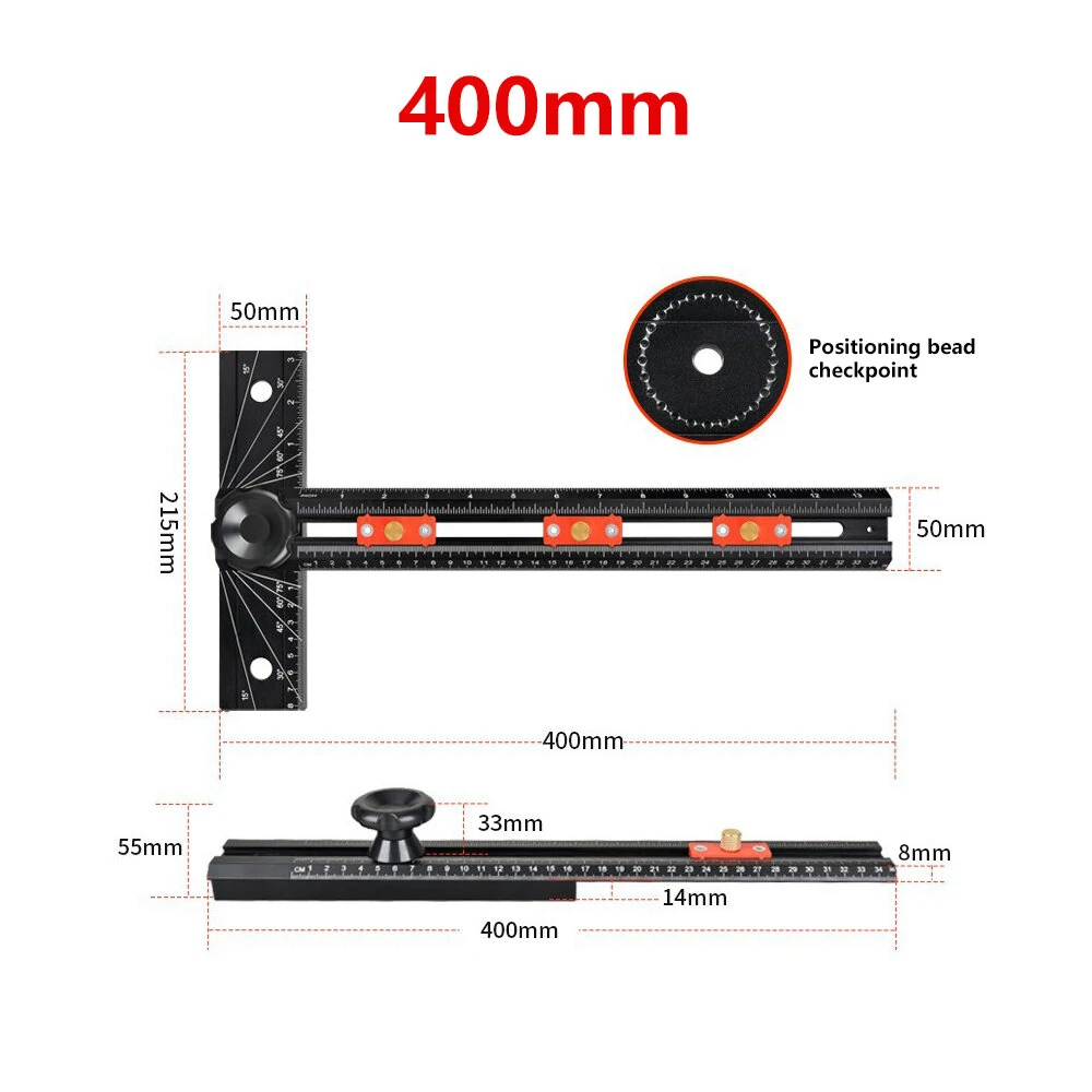 Multifunctional Drilling Positioning Ruler T-Square Angle Measuring Ruler 400mm 800mm Aluminum Alloy Woodworking Hole Locator Marking Gauge — view 3