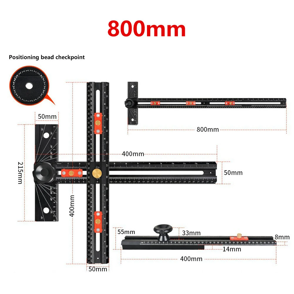 Multifunctional Drilling Positioning Ruler T-Square Angle Measuring Ruler 400mm 800mm Aluminum Alloy Woodworking Hole Locator Marking Gauge — view 4