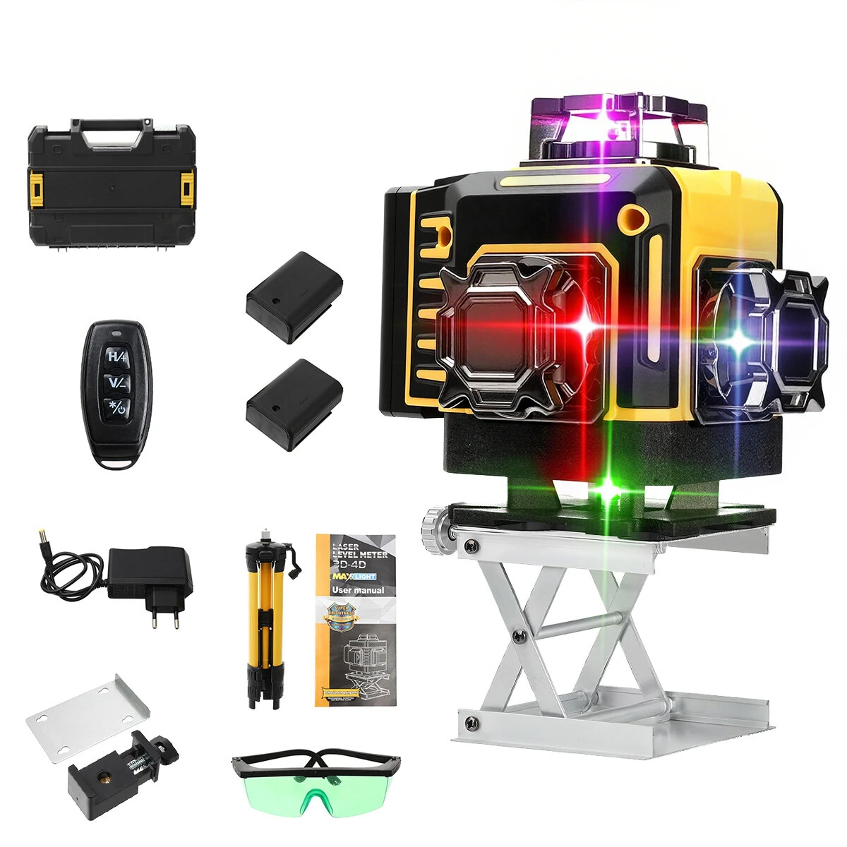 MUSTOOL 4D 16 Line Laser Level 4 laser colors Auto Self Leveling 532nm Green 650nm Red 515nm Blue 435nm Purple IP-54 Waterproof Rechargeable Battery High Precision Adjustable Tripod Construction Tool