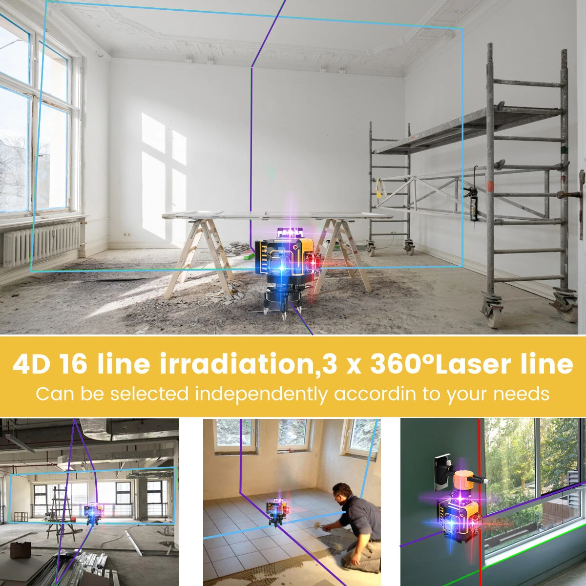 MUSTOOL 4D 16 Line Laser Level 4 laser colors Auto Self Leveling 532nm Green 650nm Red 515nm Blue 435nm Purple IP-54 Waterproof Rechargeable Battery High Precision Adjustable Tripod Construction Tool — view 3