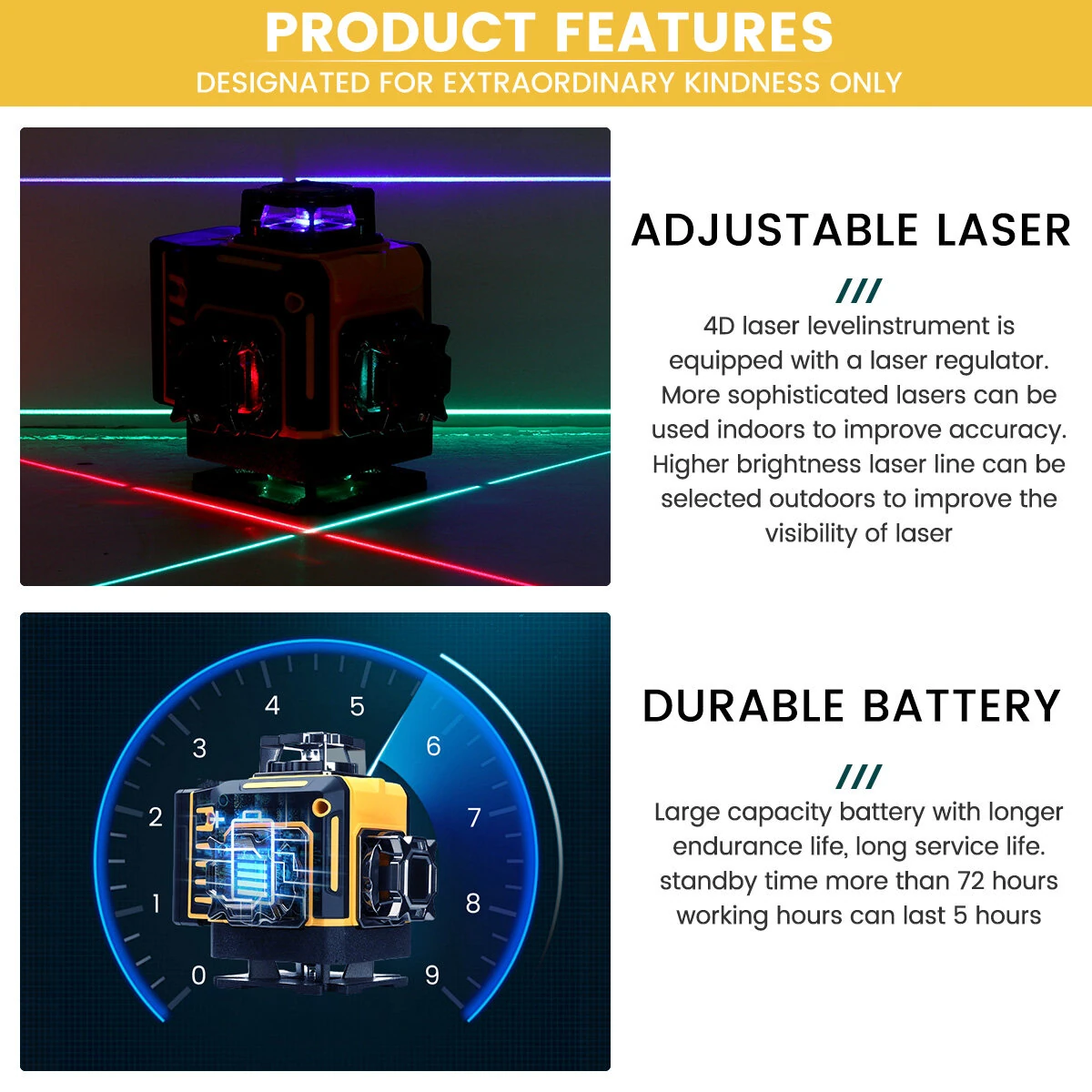 MUSTOOL 4D 16 Line Laser Level 4 laser colors Auto Self Leveling 532nm Green 650nm Red 515nm Blue 435nm Purple IP-54 Waterproof Rechargeable Battery High Precision Adjustable Tripod Construction Tool — view 6