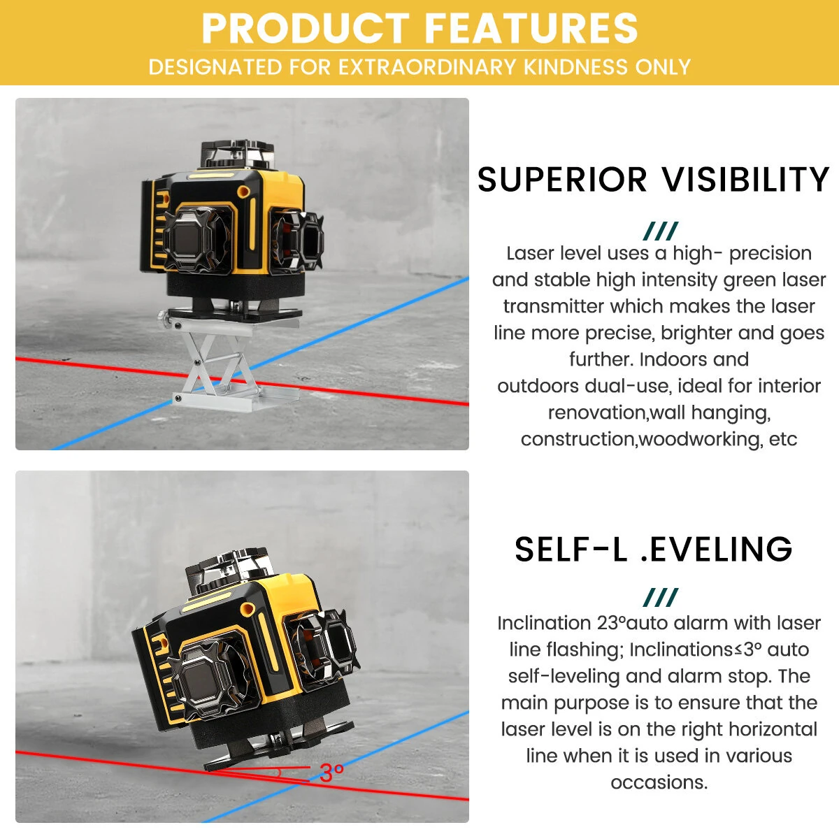 MUSTOOL 4D 16 Line Laser Level 4 laser colors Auto Self Leveling 532nm Green 650nm Red 515nm Blue 435nm Purple IP-54 Waterproof Rechargeable Battery High Precision Adjustable Tripod Construction Tool — view 7