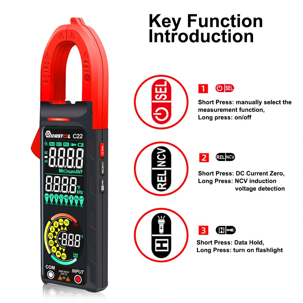 Mustool C22 Digital Clamp Meter 400A High Precision AC Current Measure with Live Wire Recognition NCV Induction Detection Dual VA Color Screen — view 8