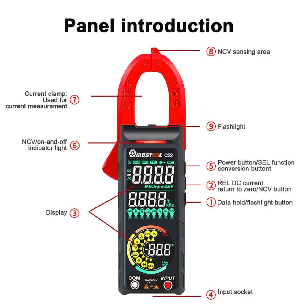 Mustool C22 Digital Clamp Meter 400A High Precision AC Current Measure with Live Wire Recognition NCV Induction Detection Dual VA Color Screen — view 9