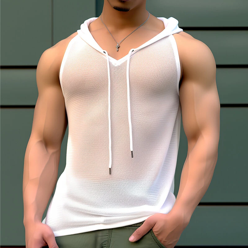 NCERUN Mens Tank Top Mesh Hooded See-Through Comfort Breathable Tanks — image 1