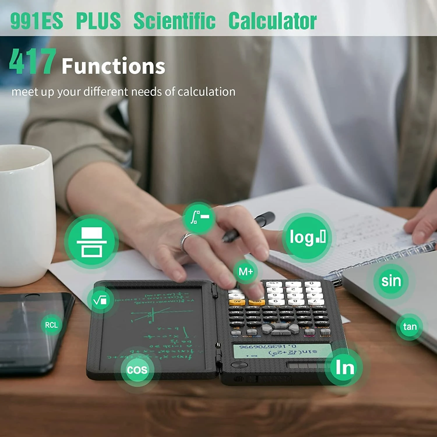 NEWYES 991ES 6.5 Inches Scientific Calculator with LCD Writing Tablet and 417 Functions Solar Energy Science Calculators Notepad Professional Foldable Calculators for School Students Office Assistant — view 3