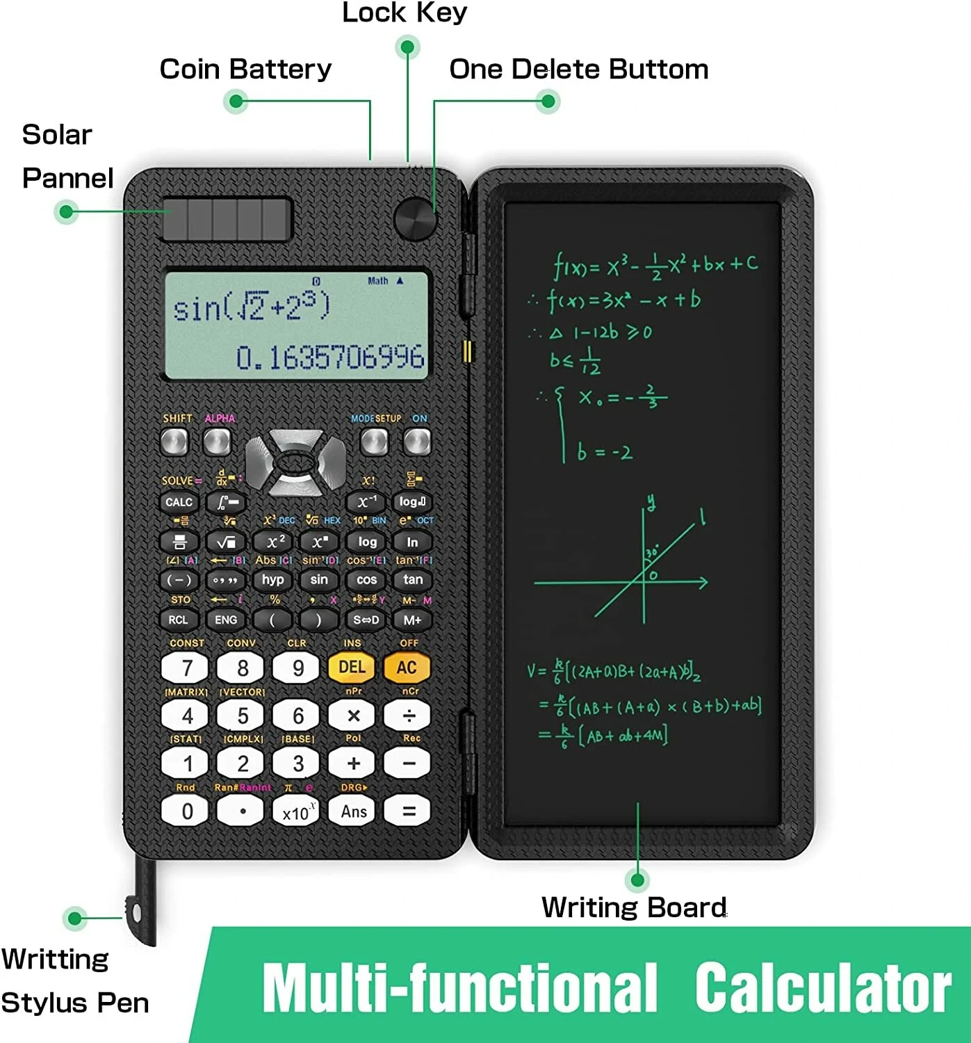 NEWYES 991ES 6.5 Inches Scientific Calculator with LCD Writing Tablet and 417 Functions Solar Energy Science Calculators Notepad Professional Foldable Calculators for School Students Office Assistant — view 4