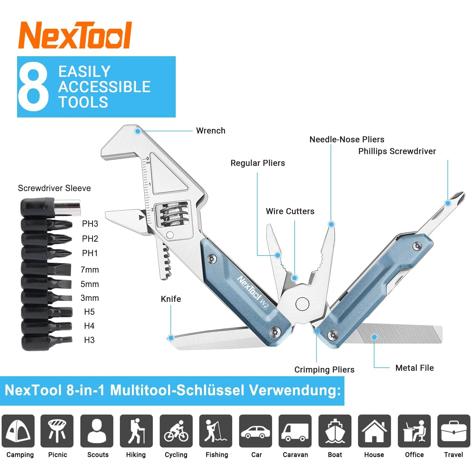 NexTool W2 8 In 1 Multi Tool Foloding Light Wrench Pliers Multi-functional Spanner Screwdriver Outdoor Camping EDC Hand Tool — view 4