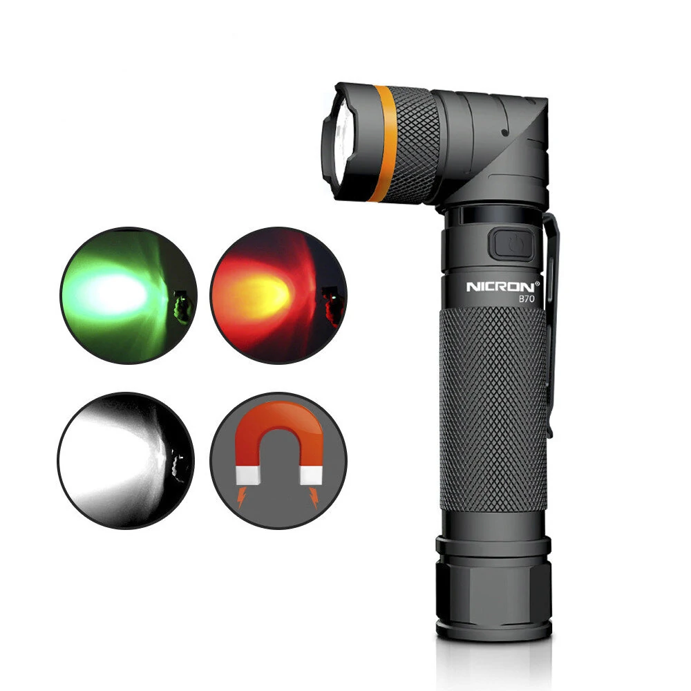 Nicron 1200LM 90 Degree Rechargeable LED Flashlight Headlamp Magnet Clip Handfree Ultra Bright LED Torch Headlight — NICRON
