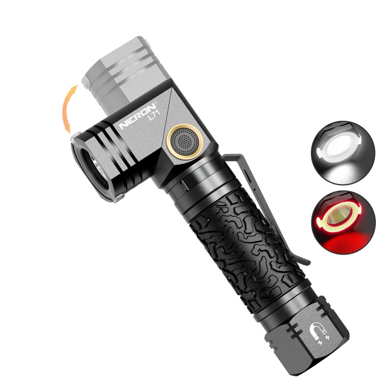 NICRON L71 1500 Lunmens Tactical Flshlights Come with Battery 90 Degree L-shape Working Light Type-C Rechargeable Magnetic Torch, IP65 Waterproof for Outdoor Camping Emergency — NICRON