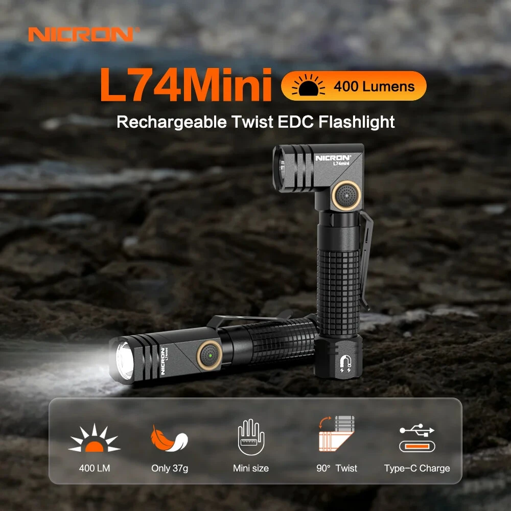 Nicron L74 Mini Tiny 400 Lumens Tactical EDC Flashlight L-shape LED Torch Rechargeable with Magnet 90 Degree IP65 Waterproof Led Pocket Light — view 9