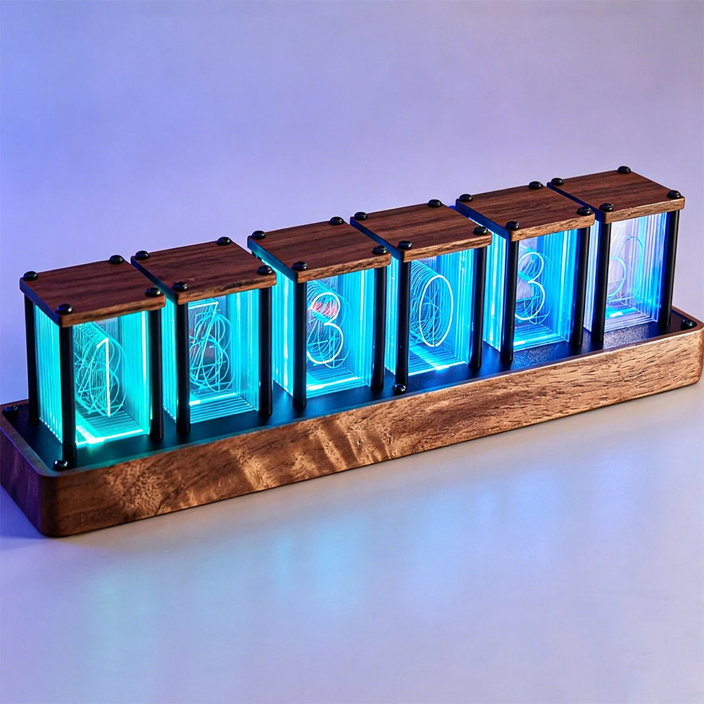 NIKOLATOY Full-Color Six-Tube Simulated LED Clock with Digital Ambient Light Creative Retro Walnut Wood RGB Glow Tube Clock Exquisite Desktop Ornaments — view 10
