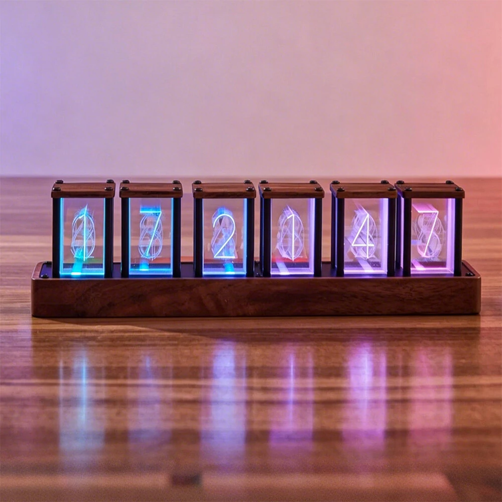 NIKOLATOY Full-Color Six-Tube Simulated LED Clock with Digital Ambient Light Creative Retro Walnut Wood RGB Glow Tube Clock Exquisite Desktop Ornaments — view 3