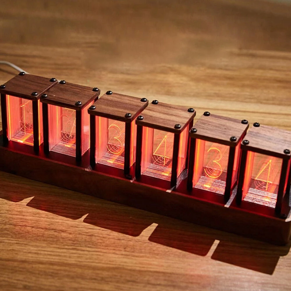 NIKOLATOY Full-Color Six-Tube Simulated LED Clock with Digital Ambient Light Creative Retro Walnut Wood RGB Glow Tube Clock Exquisite Desktop Ornaments — view 4