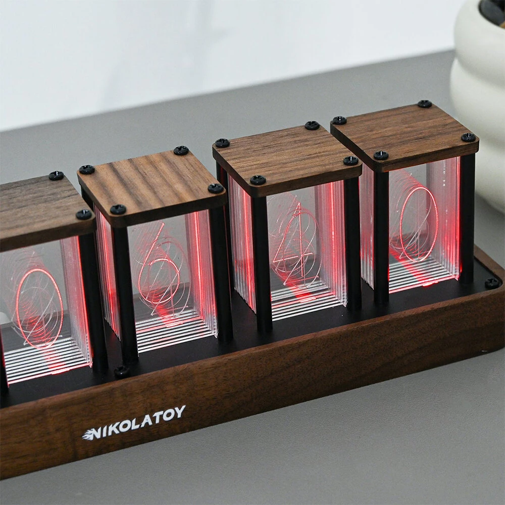 NIKOLATOY Full-Color Six-Tube Simulated LED Clock with Digital Ambient Light Creative Retro Walnut Wood RGB Glow Tube Clock Exquisite Desktop Ornaments — view 5